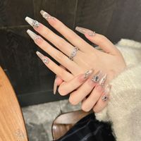 Diseño # 2510 # 2512 Uñas Postizas Francesas Hechas a Mano con Diamantes 3D, Forma Ataúd Larga, Resistentes al Agua, Reutilizables, de Lujo, con Efecto Ojo de Gato