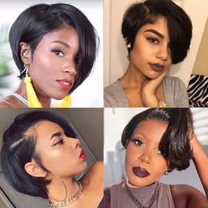 Perruque de cheveux humains vierges brésiliens noirs naturels, courts, coupe Pixie, cheveux raides, bonnet avant en dentelle, style <span class=keywords><strong>afro</strong></span> pour femmes de petite taille