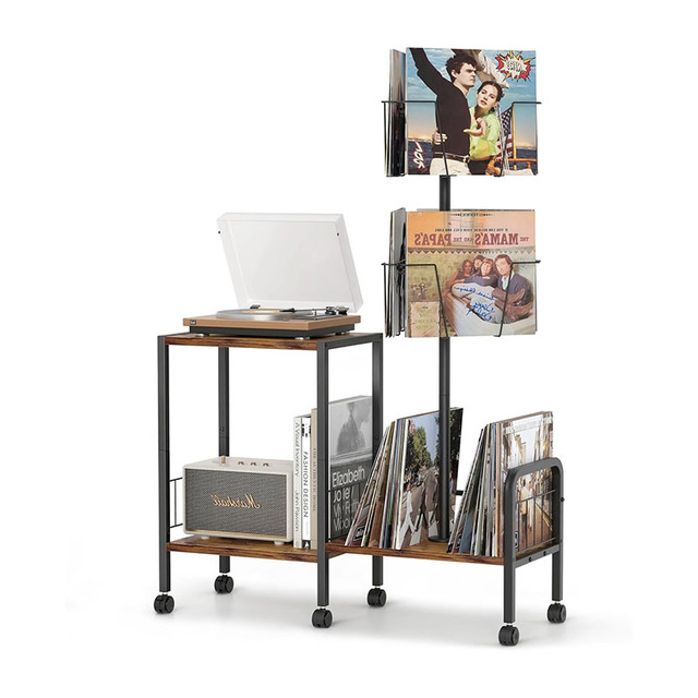 Modern Convertible Metal CD Storage Rack with Album & Book Holder and Record Player Stand for Living Room