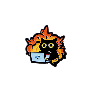 Divertido Pin Esmaltado de Gato Negro 'This Is Fine', Gato <span class=keywords><strong>en</strong></span> Fuego con Laptop y Café, Pin de Solapa, Broche de Meme para Amantes de los Gatos y Trabajadores de Oficina - Product Image 1