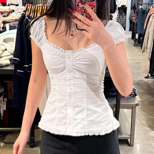 T-shirt da <span class=keywords><strong>donna</strong></span> stile 2025 BM da <span class=keywords><strong>donna</strong></span> Casual da balletto estivo Sexy in <span class=keywords><strong>pizzo</strong></span> aderente a maniche corte - Product Image 2