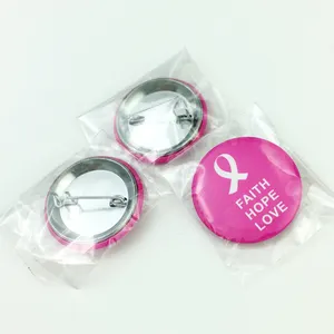 Großhandel Günstige Brustkrebs Awareness Ribbon Metall Gedrucktes Logo Pin Abzeichen Pink Tin Anstecknadeln Weißblech Stand