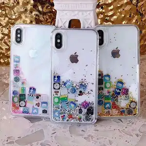 畅销3D可爱应用图标闪亮闪光液体沙水TPU电脑透明手机外壳适用于iPhone 13 12 11 Pro Max