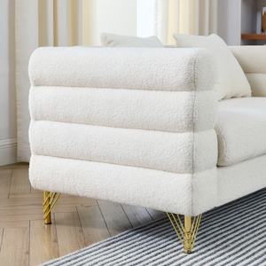 Sofá Chesterfield de Tres Plazas en Color Blanco Bouclé para Sala de Estar Moderna, Patas Doradas, Tapizado en Crema, Disponible en EE. UU. - Product Image 6