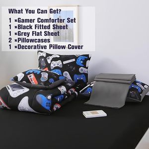 6 Piece Gamer Comforter Set chàng trai trẻ em thiếu niên kích thước đầy đủ màu đen 3D Video Trò chơi điều khiển bộ đồ giường đặt - Product Image 4