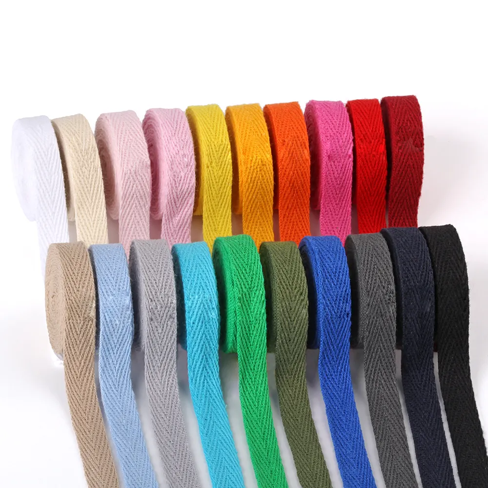 Hot Sale Colorful 100% cotton herringbone twill fabric 1 cm ribbon tape cotton webbing color choice customize printing logo