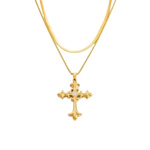 European American Style 18K Gold Plated <b>Cross</b> Pendant Double Layer Clavicle <b>Chain</b> Necklace With Diamond Inlay Gift Jewelry - Product Image 5