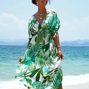 new design Women's Summer Seaside Vacation Beach Dress V-neck Fashion Tropical Leaf Printed Elastic Waist Sexy Dress