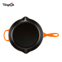 Wajan Besi Cor Enamel Oranye Tahan Panas Dengan Gagang Samping dan Corong Penampung Minyak, Anti Lengket, Tahan Abrasi, Peralatan Memasak