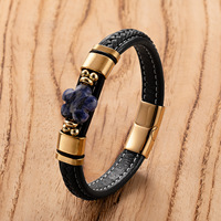 Bracelet en cuir avec trèfle à quatre feuilles en pierre naturelle, cordon tressé fait main, fermoir en acier inoxydable, bracelet floral