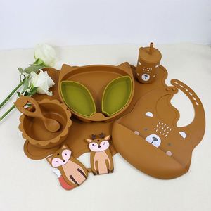 Assiettes pour bébé en silicone de qualité alimentaire sans BPA avec bol à ventouse, bavoir, tasse, fourchette, cuillère, ensemble de vaisselle pour tout-petits, fournitures pour repas d'enfants - Product Image 1