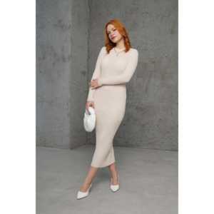 Robe pull moulante côtelée en maille pour femme, col rond, taille naturelle, respirante, longueur midi - Product Image 3