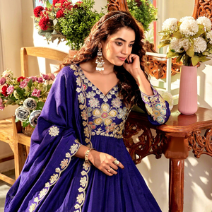 <b>Women</b> Indian Ethnic Blue Embroidered Anarkali Gown <b>Suit</b> Set Floor-Length Loose Fit Traditional <b>Wedding</b> <b>Dress</b> with Dupatta - Product Image 4