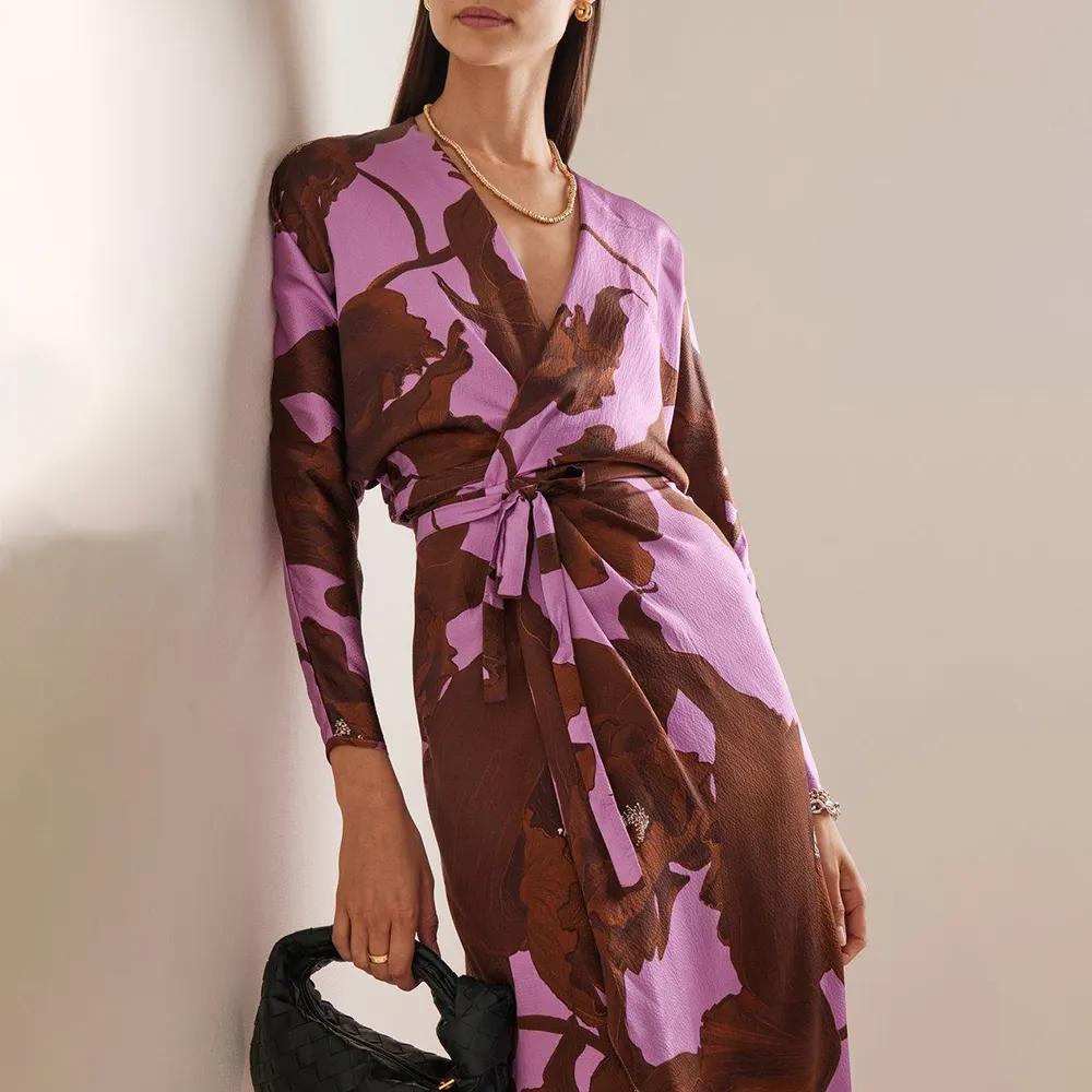 New Design Irregular Mid Length Slit Floral Print Chiffon Dress Women Dress Casual Women