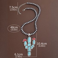 Longue chaîne de perles Navajo avec pendentif cactus surdimensionné vintage incrusté de turquoise