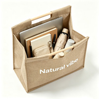 Sac fourre-tout en jute personnalisé avec logo imprimé, poignées en bois, imperméable, sac d'épicerie en chanvre naturel pour cadeau promotionnel
