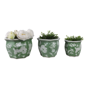 Set di Vasi in Ceramica con Motivo Floreale Verde e Bianco, Esagonali per Interni ed Esterni, per Piante Grasse e Felci, Decorazione Casa - Product Image 2
