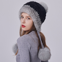 Chapeau tissé en fourrure de vison pour femmes chapeau chaud d'hiver avec pompon en fourrure de renard chapeau de ski de neige
