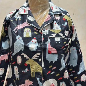 Conjunto de Pijama de Algodón Negro Estampado, Fabricante de Pijamas de Algodón con Estampado Personalizado, Manga Larga y Pantalones, Conjunto de Pijama para Mujer - Product Image 2