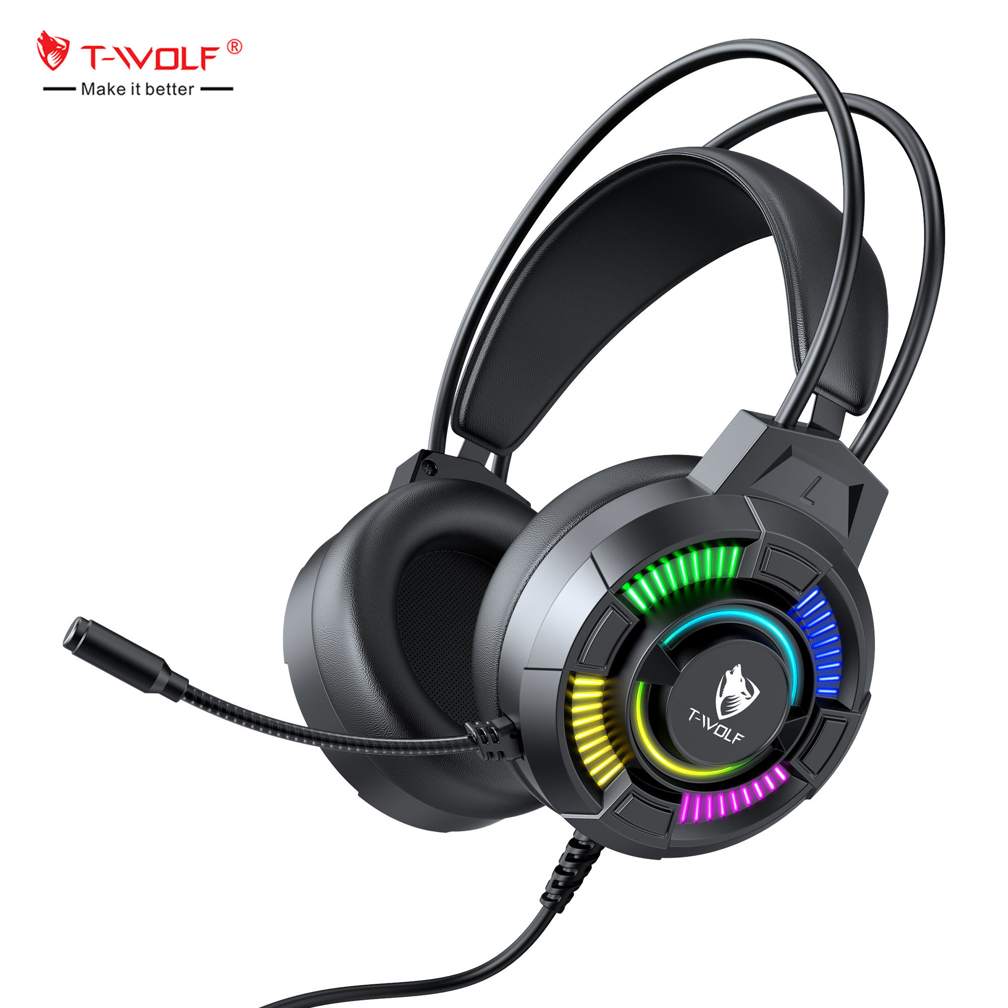 T-WOLF H140 Wired Gaming Headphones, 7.1 USB Surround Sound, Hybrid Active Noise Cancelling, RGB LED Light, 50mm Drivers, Noise Cancelling Mic, On-Ear Headset for PC, PS4/PS5, Xbox, Switch, Mac - Black / سماعة ألعاب T-WOLF H140 السلكية، صوت محيطي 7.1 USB، عزل ضوضاء نشط هجين، إضاءة RGB LED، مشغلات 50 ملم، ميكروفون عزل الضوضاء، سماعة على الأذن لأجهزة الكمبيوتر و PS4/PS5 و Xbox و Switch و Mac - أسود
