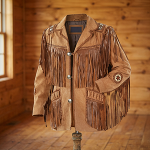 <b>Men's</b> Vintage <b>Suede</b> Leather <b>Jacket</b> Fringe Embroidered Details Stand Regular Fit Winter Style Windproof Breathable High Street - Product Image 3