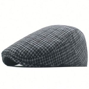 Bérets en laine tweed à carreaux chevrons pour hommes, chapeaux plats Gatsby à carreaux pour l'automne et l'hiver, casquettes plates chaudes d'extérieur style Ivy - Product Image 2