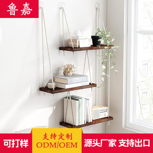 <b>Wall</b> <b>Mounted</b> Three Tier Wooden Floating <b>Shelf</b> With Hanging Rope Storage Rack For Living Room Bedroom Decorative Use - Product Image 5