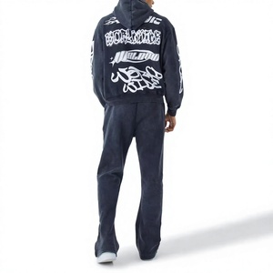 Ensemble de jogging décontracté 2-en-1 pour homme, bleu foncé, à capuche, imprimé lettres, coupe régulière, en coton, style streetwear, pour l'hiver - Product Image 2