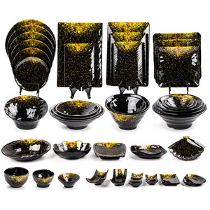 Japanese Style Melamine Dinnerware Set <b>Black</b> Gold Speckle Bowls <b>Plates</b> Irregular Shape Durable Tableware For Daily Use - Product Image 1