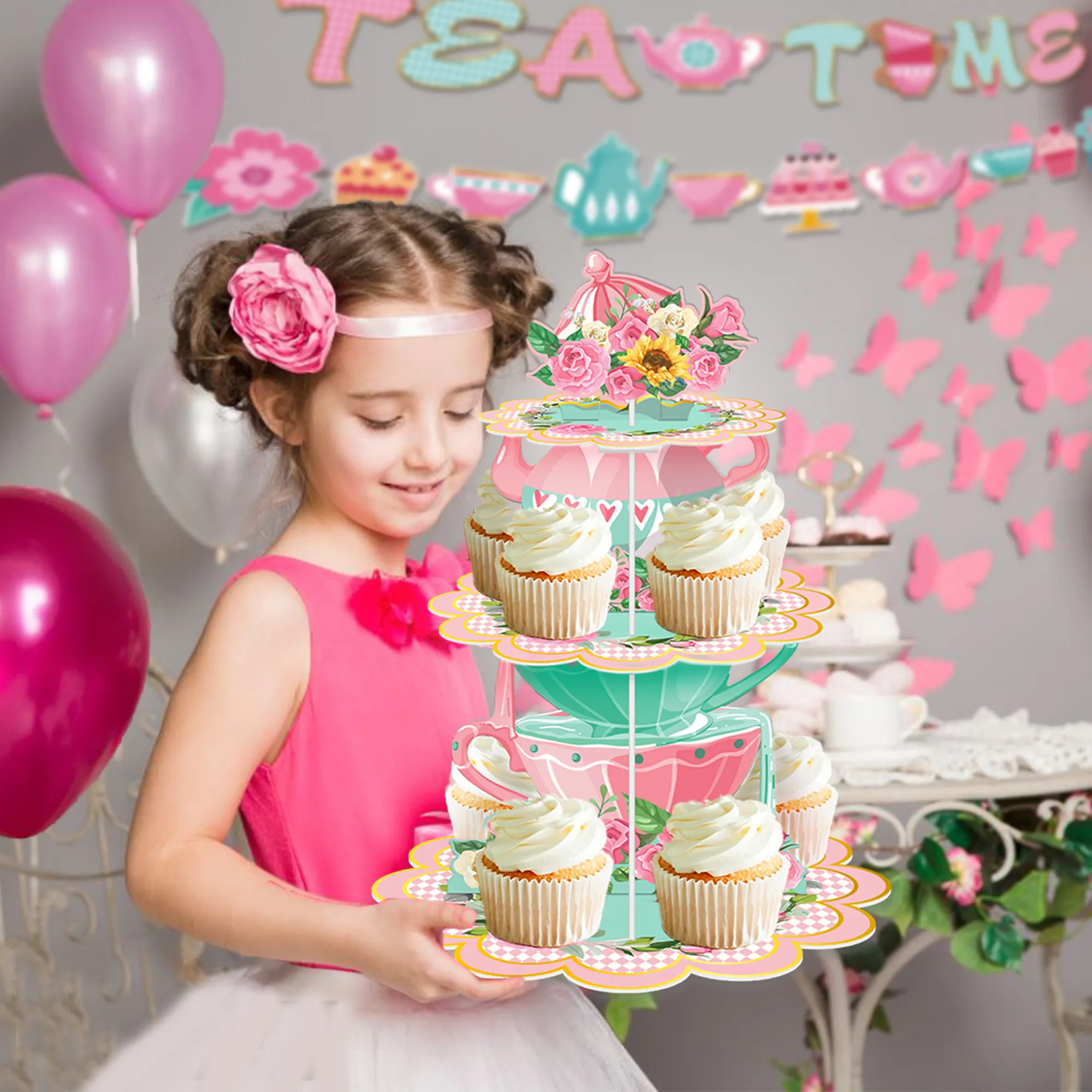 DT099 3 계층 종이 케이크 스탠드 종이 컵케익 디스플레이 여자 생일 파티를위한 홈 티 파티