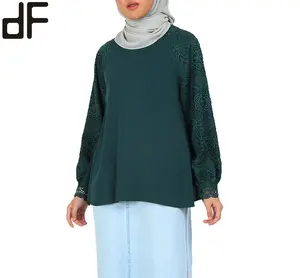 Özelleştirilmiş müslüman bayanlar Tops son tasarım bluz koyu yeşil dantel bayan bluzlar gömlek moda tasarım Lady yuvarlak boyun bluz