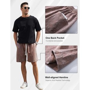 FOXA Mens Sweat Shorts Acid Washed Cotton <b>Elastic</b> Waist Drawstring Workout Jogger Pants With Pockets - Product Image 2