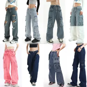 2024 Hot Custom Dames Baggy Broek Hoge Taille Modieuze Zak Denim Jeans Oversized Dames Cargo Jeans Broek
