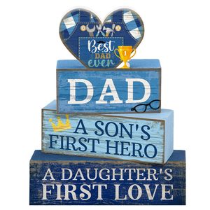 Décor en blocs <span class=keywords><strong>de</strong></span> bois 'Meilleur Papa <span class=keywords><strong>de</strong></span> Tous les Temps' avec support d'étagère à niveaux, Cadeau Fête des Pères Anniversaire, Panneau d'émotion 'Héroïque Amour' - Product Image 1