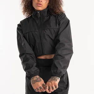 महिलाओं शांत Streetwear फैशन 2022 कस्टम पॉलिएस्टर Windbreaker काले फसल लघु जैकेट जाल अस्तर के साथ