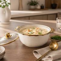 Ensemble de 3 casseroles en céramique avec bord doré, bol en porcelaine avec couvercle en verre, double poignée, vaisselle de cuisine et de rangement pour la maison