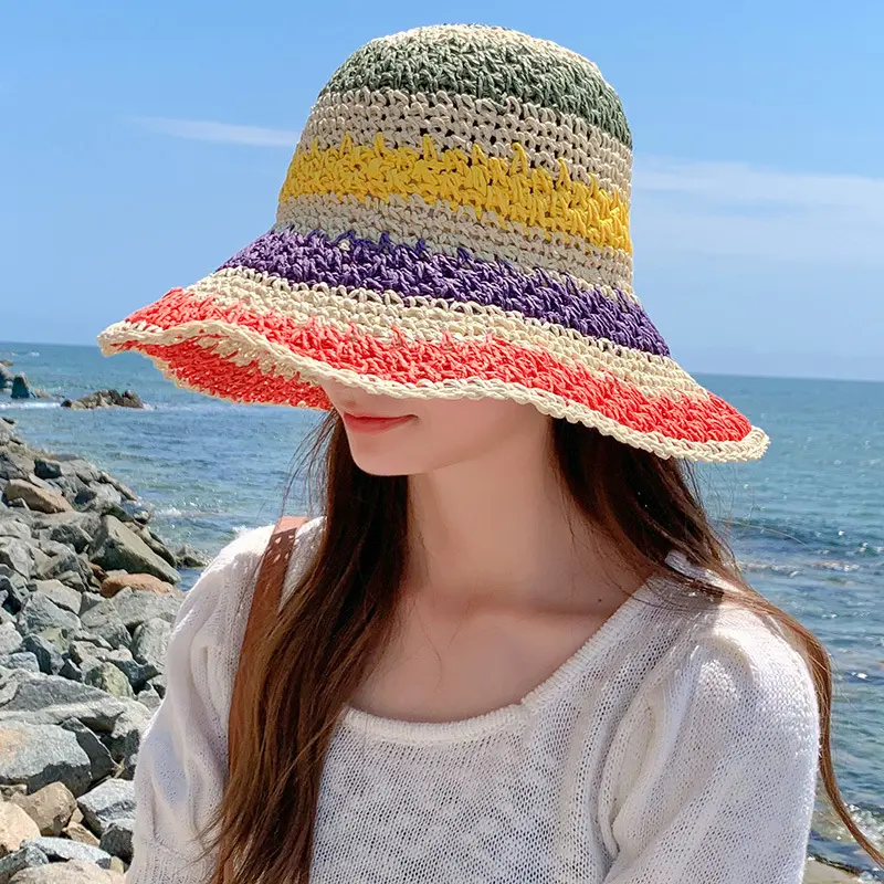 Verano mujer colorido al aire libre sol gorras ganchillo doblado hecho a mano playa tejido cubo sombrero de paja