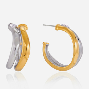 18K Gold And Stainless Steel Two-Tone Double Layer C Ring Hoop Earrings For Women Everyday Wear Jewelry - Product Image 1