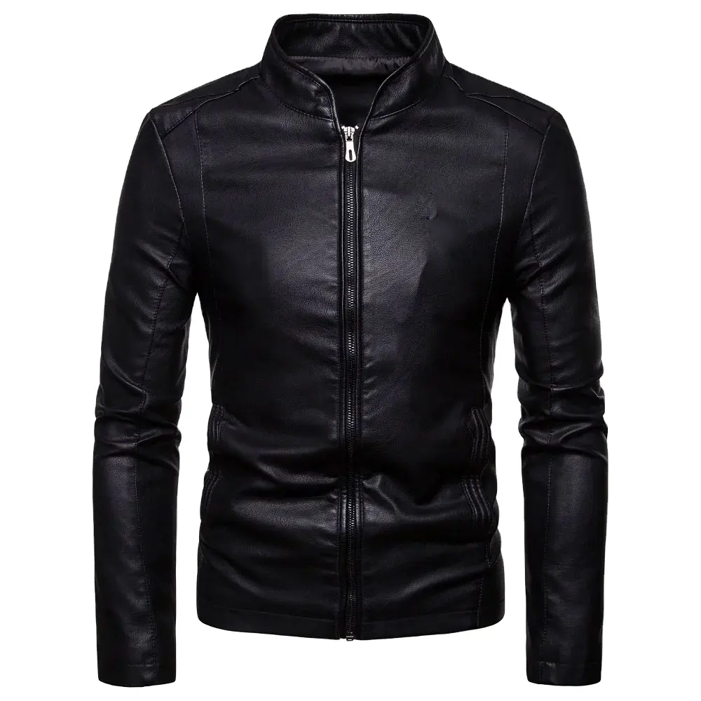 Siyah kış deri ceket erkekler için şık tüm boyutları ile özel Logo ve Privet etiket deri ceket ile fermuar
