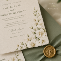 Suite d'invitations de mariage personnalisées en aquarelle toscane avec bordure festonnée, monogramme, et enveloppe vert sauge