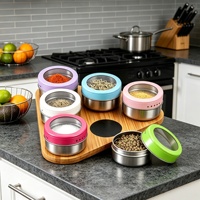 Ensemble de boîtes à épices magnétiques avec support en bambou, 6 pièces, colorées, durables, de qualité alimentaire, étanches, en acier inoxydable, avec couvercles transparents
