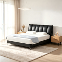 Lit en fer rembourré en cuir PU véritable noir moderne et confortable avec rangement, taille King/Queen, cadre en bois de pin, chambre à coucher, garantie 1 an