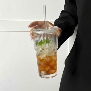 Ins Style High Appearance Eco-Friendly Modern Simple Design Glass Cup Lid Straw Vertical Striped Beverage Large Capacity Water - Product Image 3