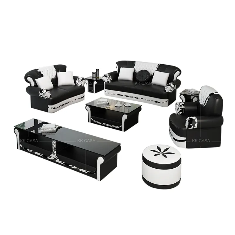 Set Sofa Kulit R3011 1 2 3, Kulit Hitam dan Putih