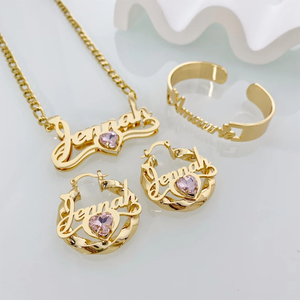 Qiuhan Ensemble <span class=keywords><strong>Collier</strong></span> et Boucles d'Oreilles en Acier Inoxydable Plaqués Or 18 Carats pour Femmes, Bijoux Personnalisés avec Nom - Product Image 2