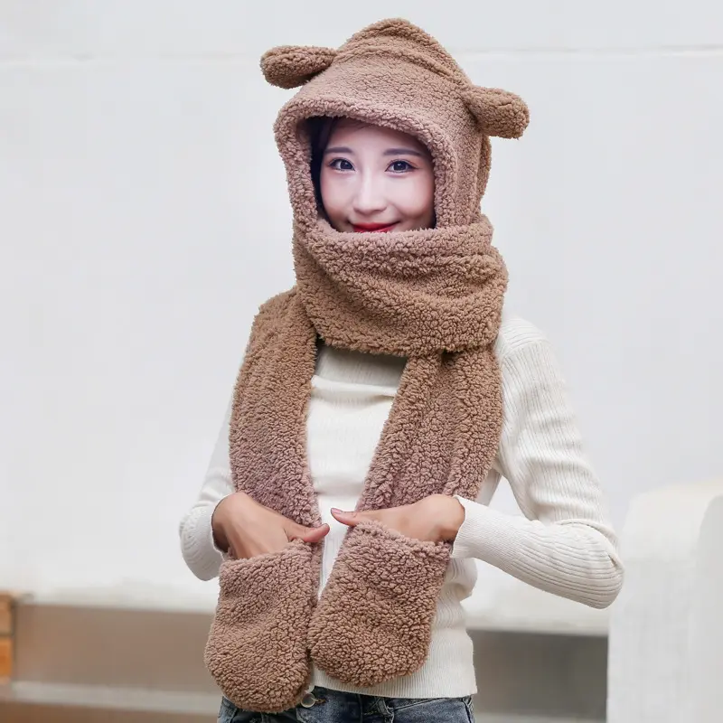Carino orso in pile caldo protezione per le orecchie alla moda per donna cappello di pelliccia per bambini Set di guanti