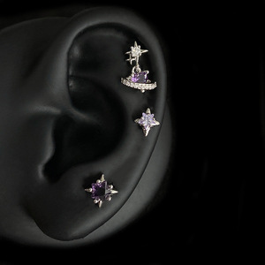 Bijoux de piercing tendance en cuivre et zircon, clous d'oreille pour cartilage, zircon violet, étoile, cœur, filetés, vente en gros OEM - Product Image 5