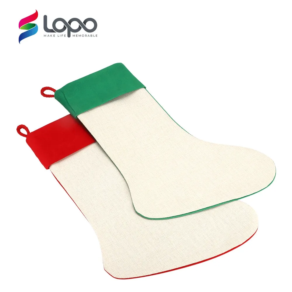 LOPO Sublimation Blanks Christmas decoration supplies Linen Xmas Stocking with Red Cuff-One side Red