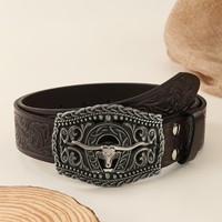 Nouvelle ceinture vintage de style western cowboy, avec boucle à crochet personnalisée, motif tête de vache sculptée et imprimé par transfert thermique, style euro-américain