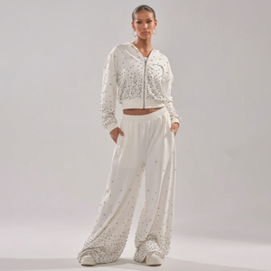 <b>Women</b> <b>White</b> Rhinestone Hooded Lightweight 2 1 <b>Tracksuit</b> Set Full Sleeve Zipper Closure Loose Fit Casual Wear Autumn Style Dot - Product Image 1